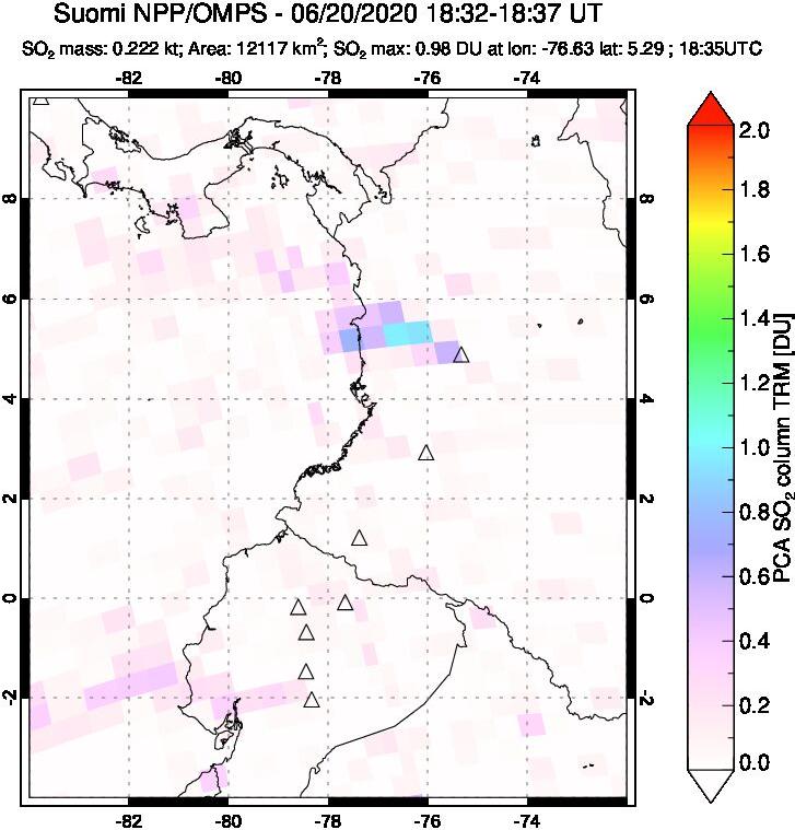 A sulfur dioxide image over Ecuador on Jun 20, 2020.