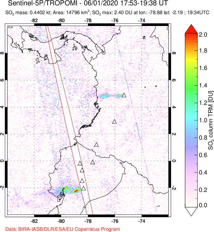 A sulfur dioxide image over Ecuador on Jun 01, 2020.