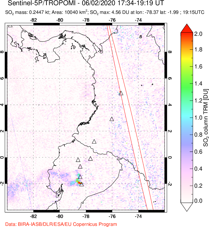 A sulfur dioxide image over Ecuador on Jun 02, 2020.