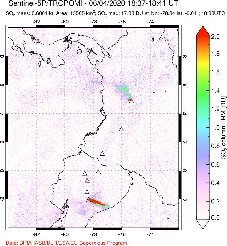 A sulfur dioxide image over Ecuador on Jun 04, 2020.