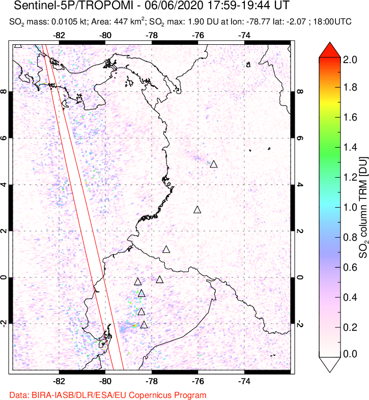 A sulfur dioxide image over Ecuador on Jun 06, 2020.