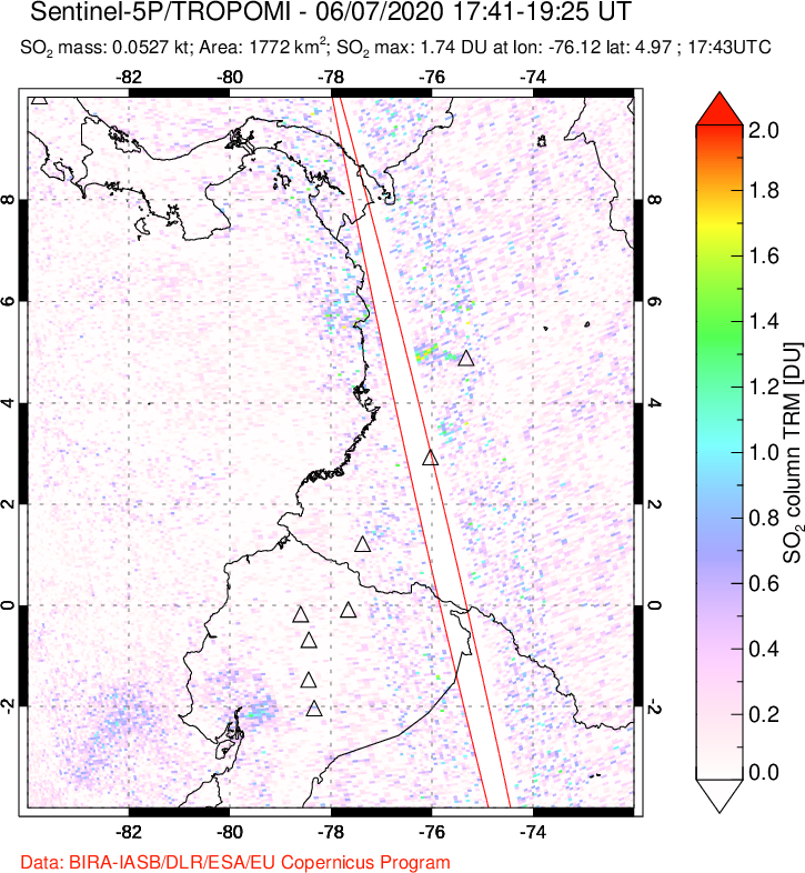 A sulfur dioxide image over Ecuador on Jun 07, 2020.