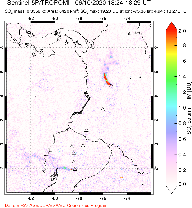 A sulfur dioxide image over Ecuador on Jun 10, 2020.