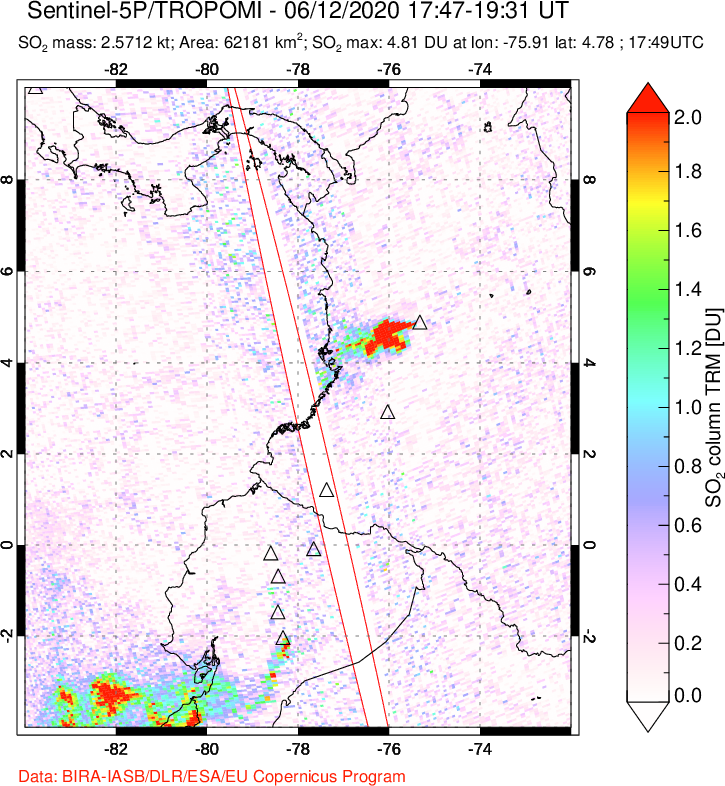 A sulfur dioxide image over Ecuador on Jun 12, 2020.