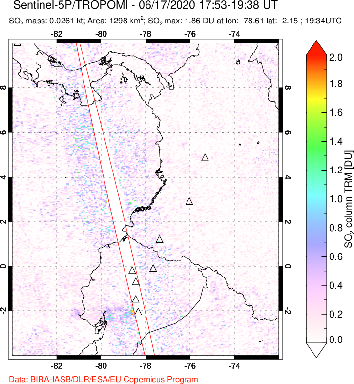 A sulfur dioxide image over Ecuador on Jun 17, 2020.
