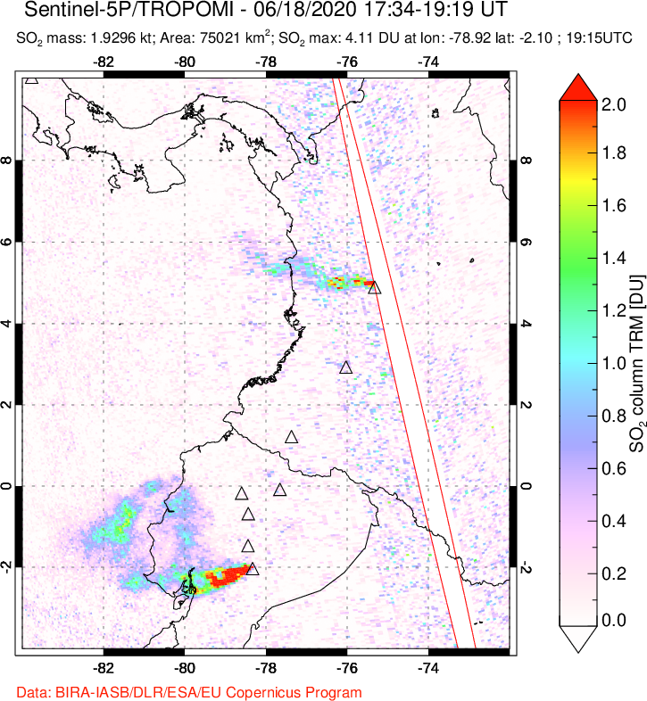 A sulfur dioxide image over Ecuador on Jun 18, 2020.