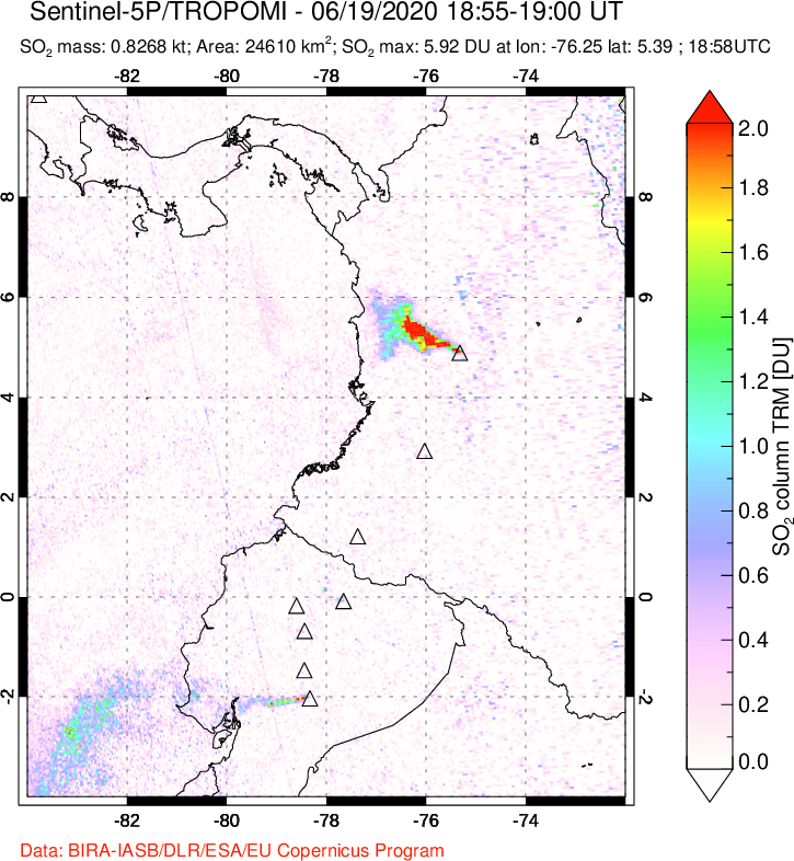 A sulfur dioxide image over Ecuador on Jun 19, 2020.
