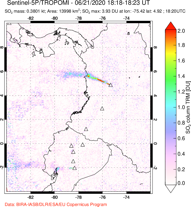 A sulfur dioxide image over Ecuador on Jun 21, 2020.