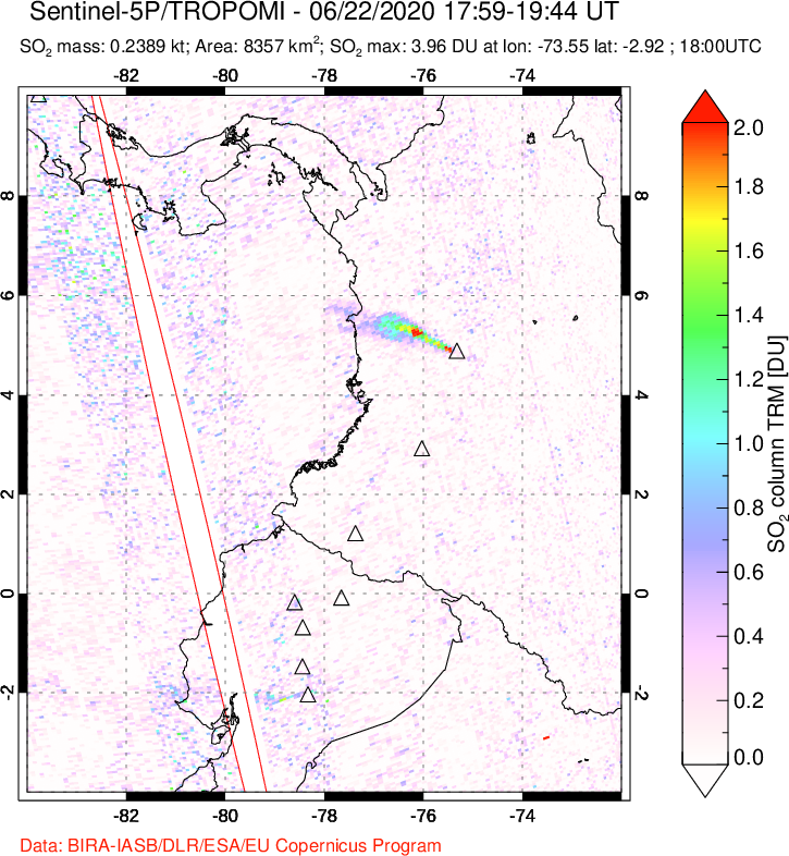 A sulfur dioxide image over Ecuador on Jun 22, 2020.