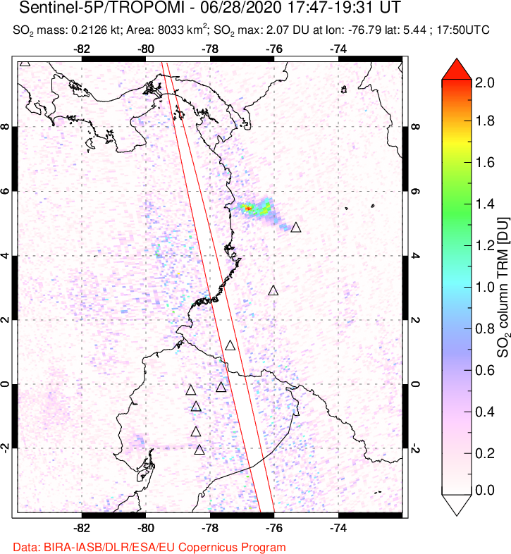 A sulfur dioxide image over Ecuador on Jun 28, 2020.