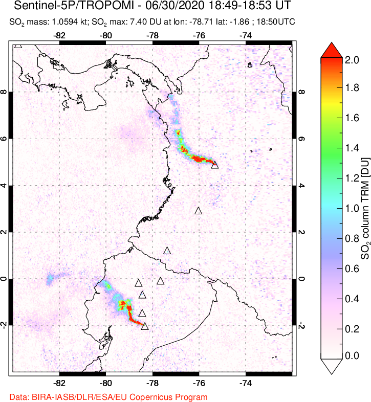 A sulfur dioxide image over Ecuador on Jun 30, 2020.