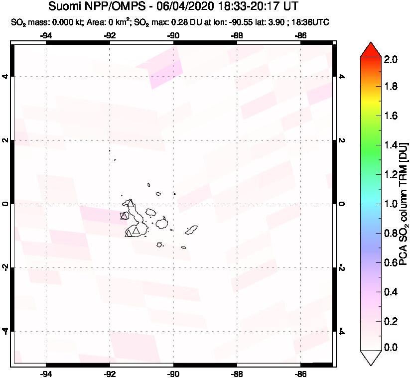 A sulfur dioxide image over Galápagos Islands on Jun 04, 2020.