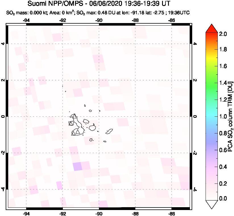 A sulfur dioxide image over Galápagos Islands on Jun 06, 2020.