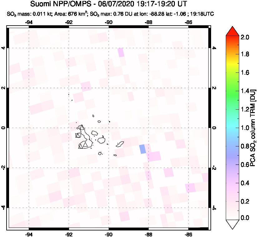 A sulfur dioxide image over Galápagos Islands on Jun 07, 2020.