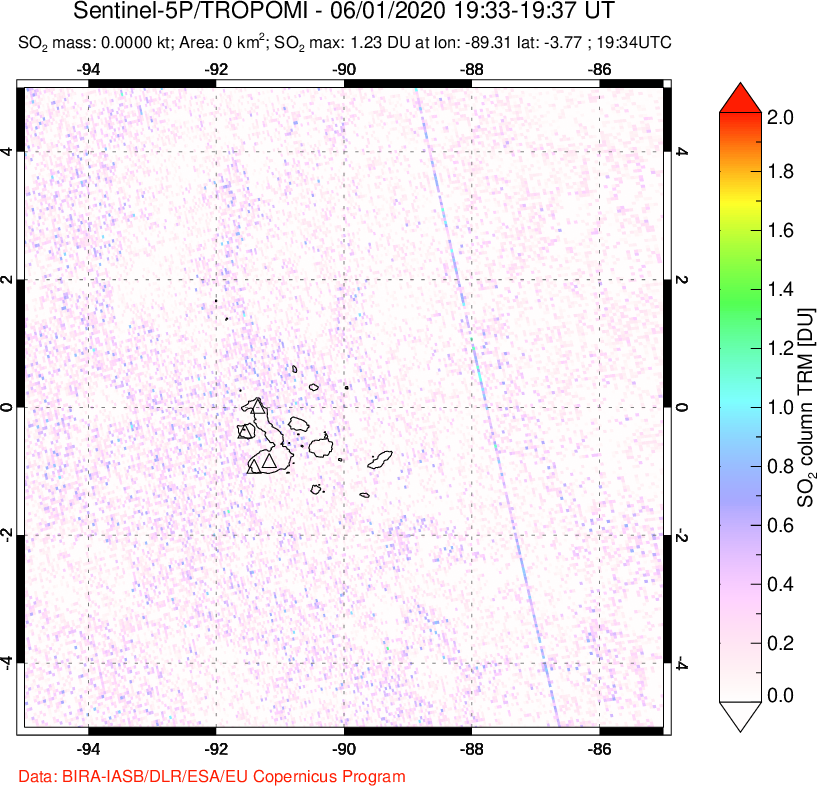 A sulfur dioxide image over Galápagos Islands on Jun 01, 2020.