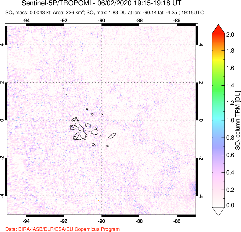 A sulfur dioxide image over Galápagos Islands on Jun 02, 2020.