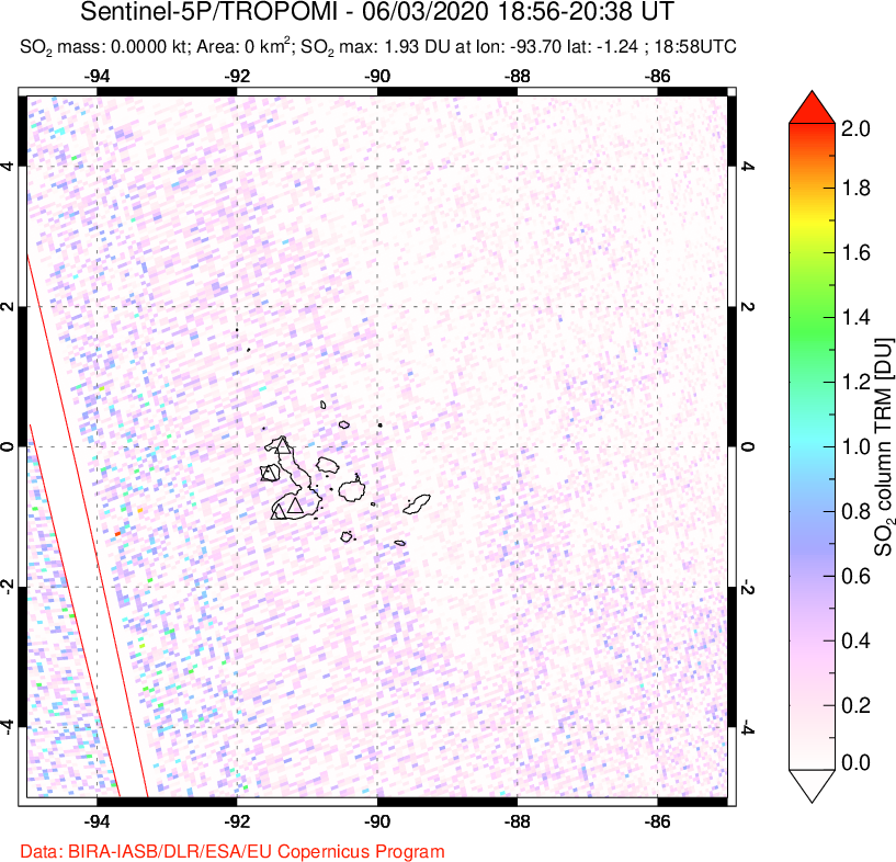 A sulfur dioxide image over Galápagos Islands on Jun 03, 2020.