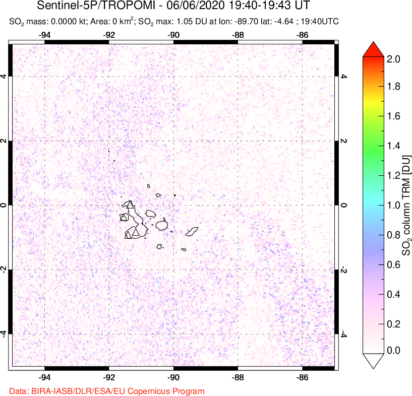 A sulfur dioxide image over Galápagos Islands on Jun 06, 2020.
