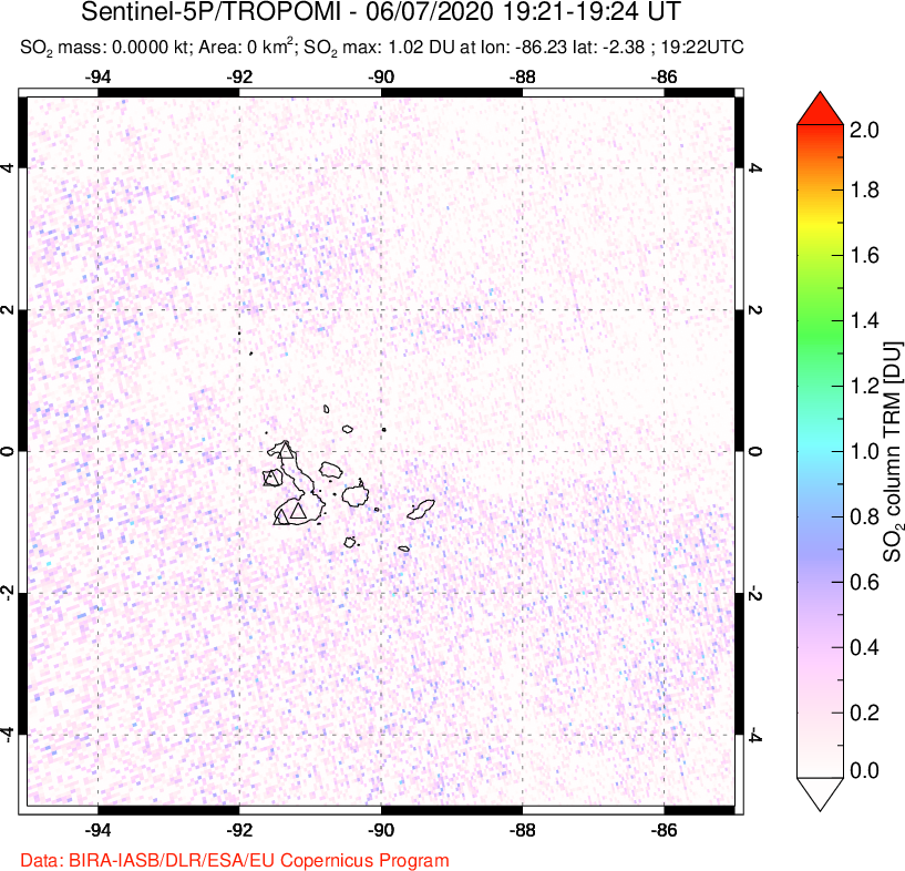A sulfur dioxide image over Galápagos Islands on Jun 07, 2020.