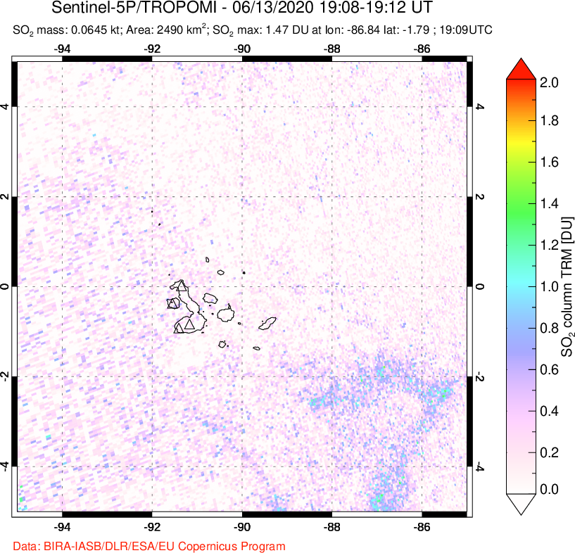A sulfur dioxide image over Galápagos Islands on Jun 13, 2020.