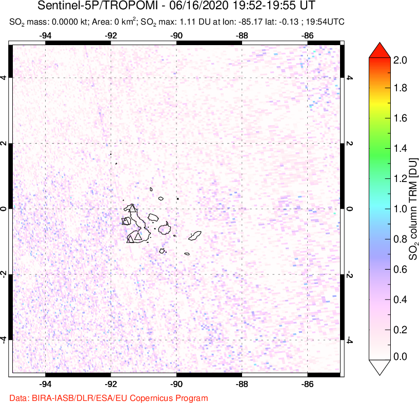 A sulfur dioxide image over Galápagos Islands on Jun 16, 2020.