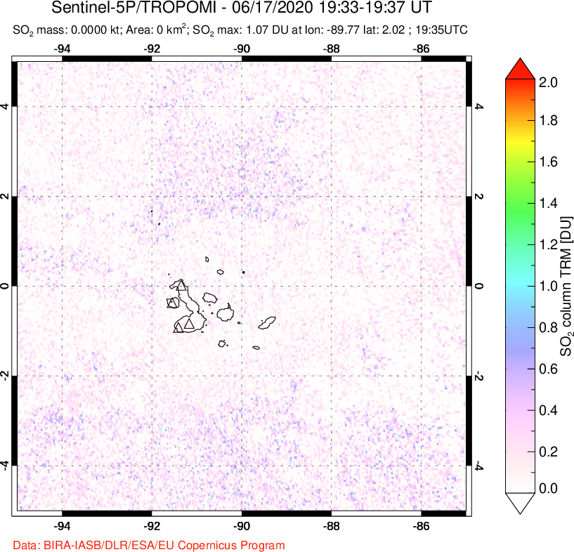 A sulfur dioxide image over Galápagos Islands on Jun 17, 2020.