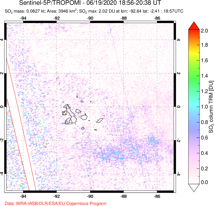 A sulfur dioxide image over Galápagos Islands on Jun 19, 2020.