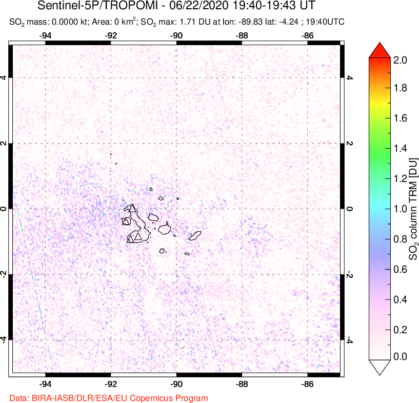 A sulfur dioxide image over Galápagos Islands on Jun 22, 2020.