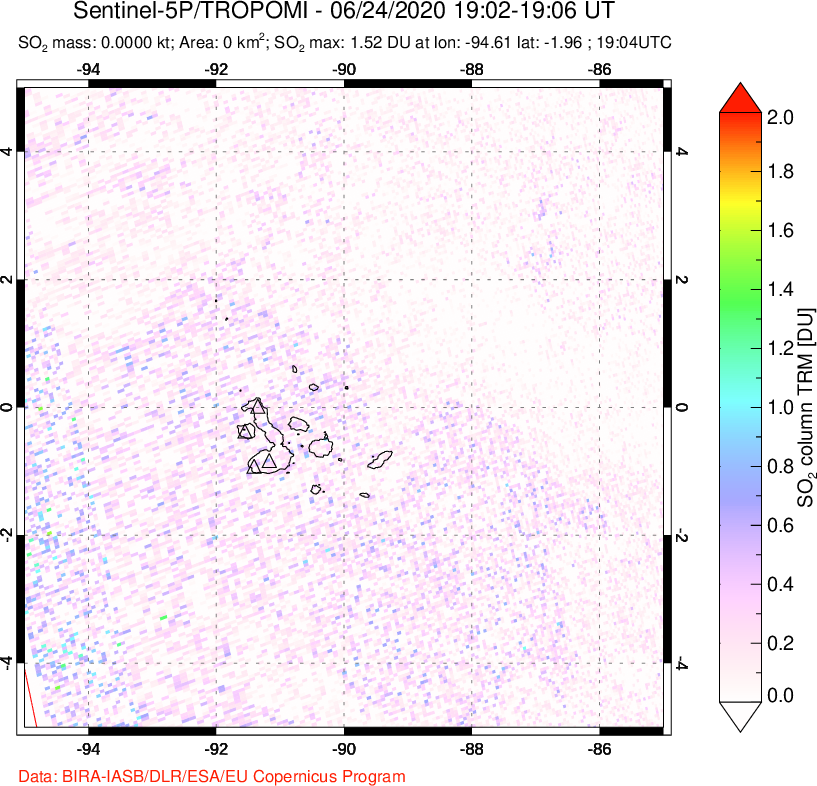 A sulfur dioxide image over Galápagos Islands on Jun 24, 2020.