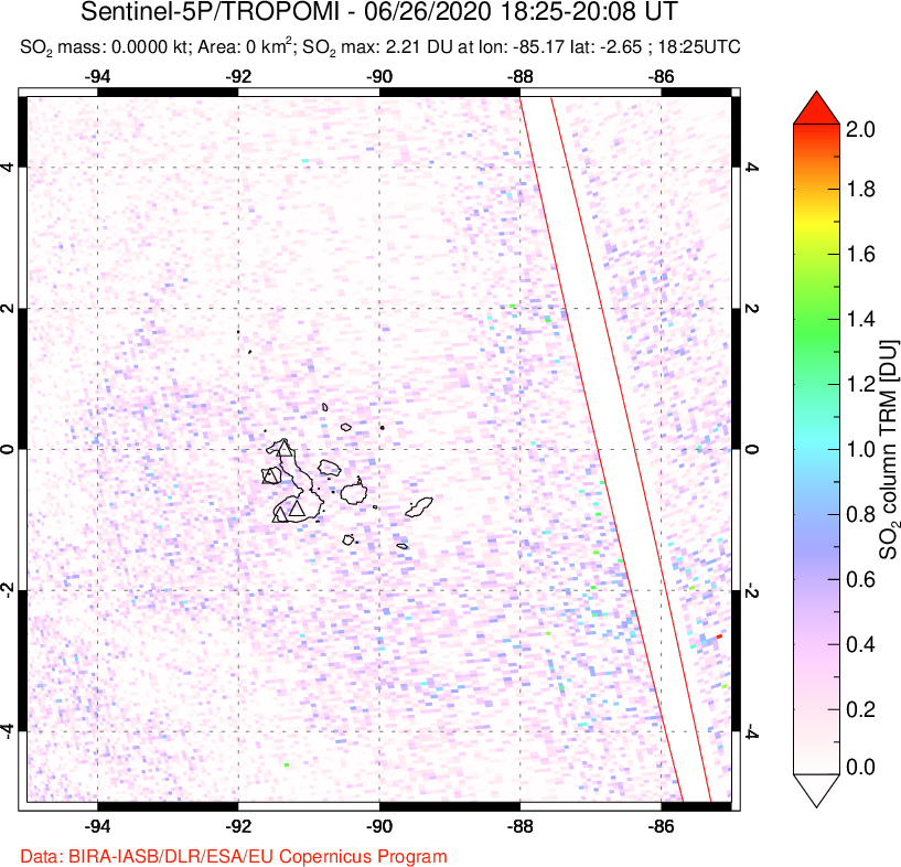 A sulfur dioxide image over Galápagos Islands on Jun 26, 2020.