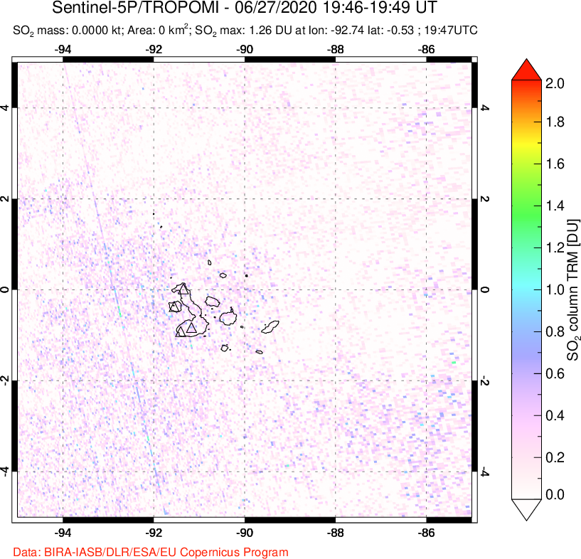 A sulfur dioxide image over Galápagos Islands on Jun 27, 2020.