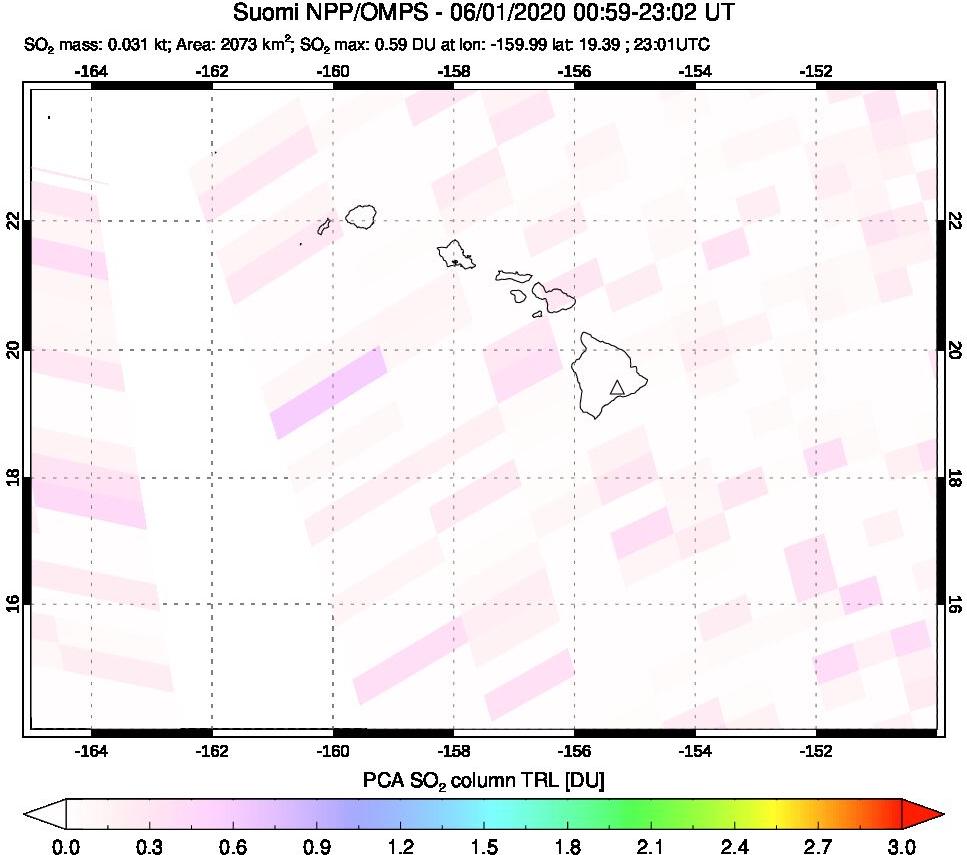 A sulfur dioxide image over Hawaii, USA on Jun 01, 2020.