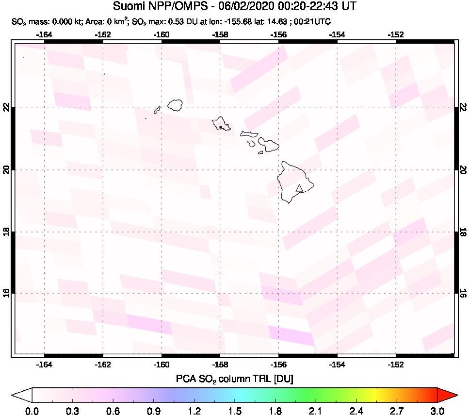 A sulfur dioxide image over Hawaii, USA on Jun 02, 2020.