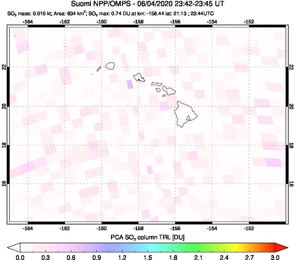 A sulfur dioxide image over Hawaii, USA on Jun 04, 2020.