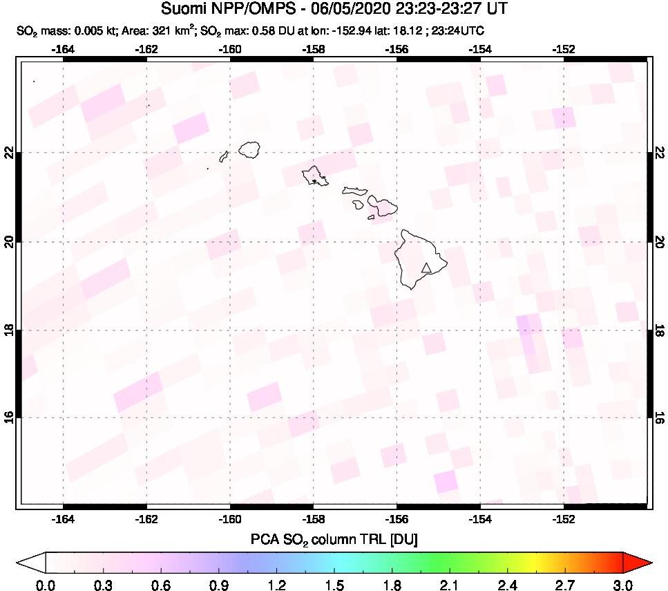 A sulfur dioxide image over Hawaii, USA on Jun 05, 2020.
