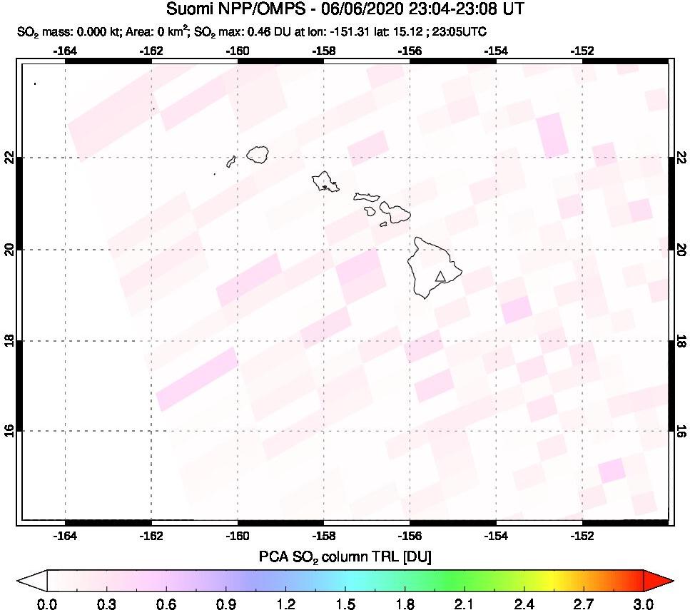 A sulfur dioxide image over Hawaii, USA on Jun 06, 2020.