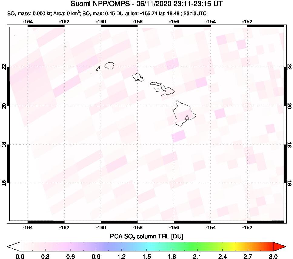 A sulfur dioxide image over Hawaii, USA on Jun 11, 2020.
