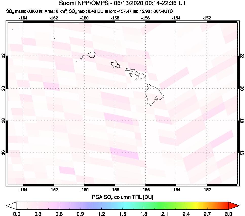A sulfur dioxide image over Hawaii, USA on Jun 13, 2020.