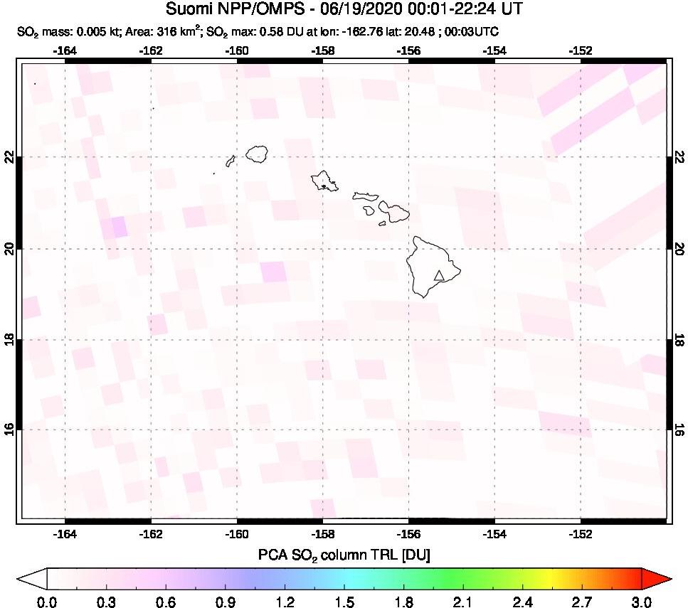 A sulfur dioxide image over Hawaii, USA on Jun 19, 2020.