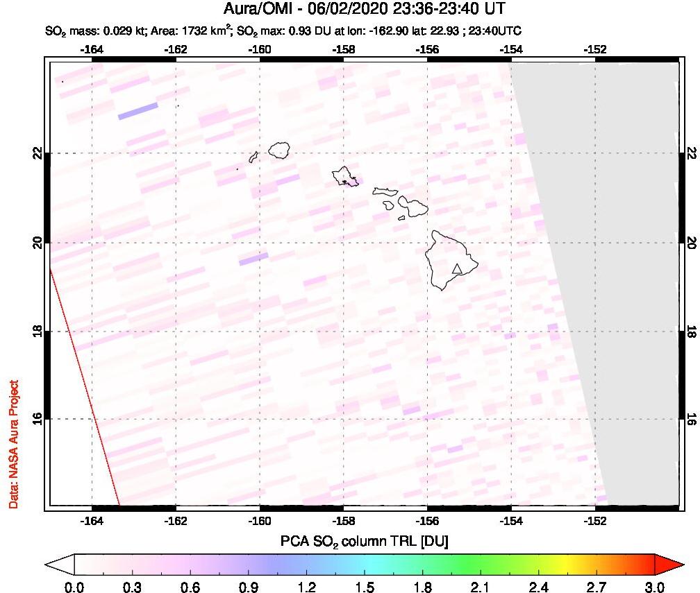 A sulfur dioxide image over Hawaii, USA on Jun 02, 2020.