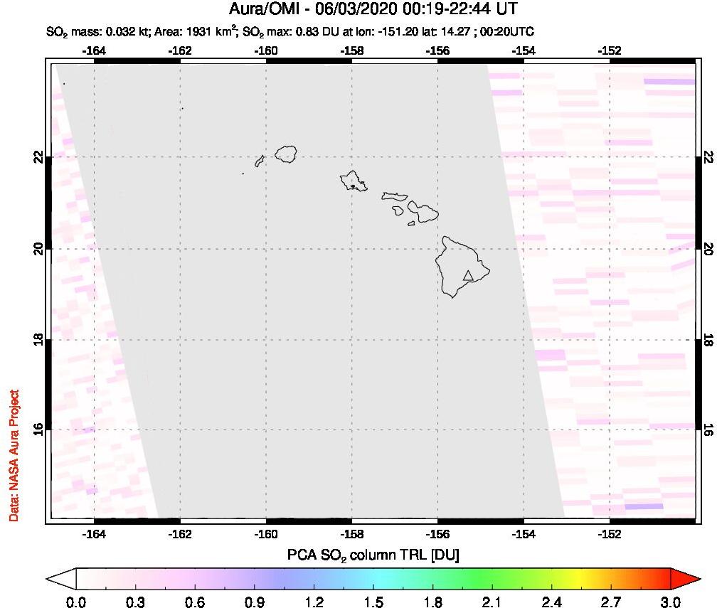 A sulfur dioxide image over Hawaii, USA on Jun 03, 2020.