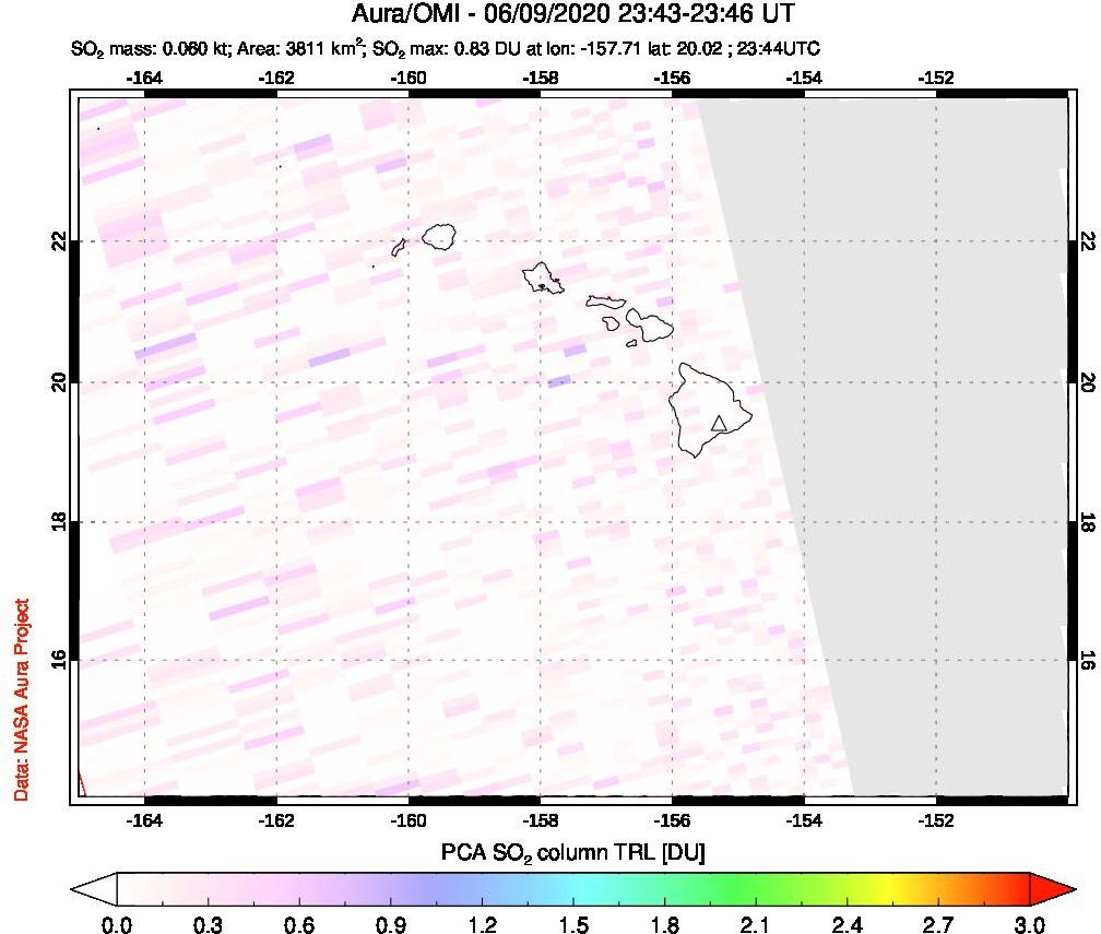 A sulfur dioxide image over Hawaii, USA on Jun 09, 2020.