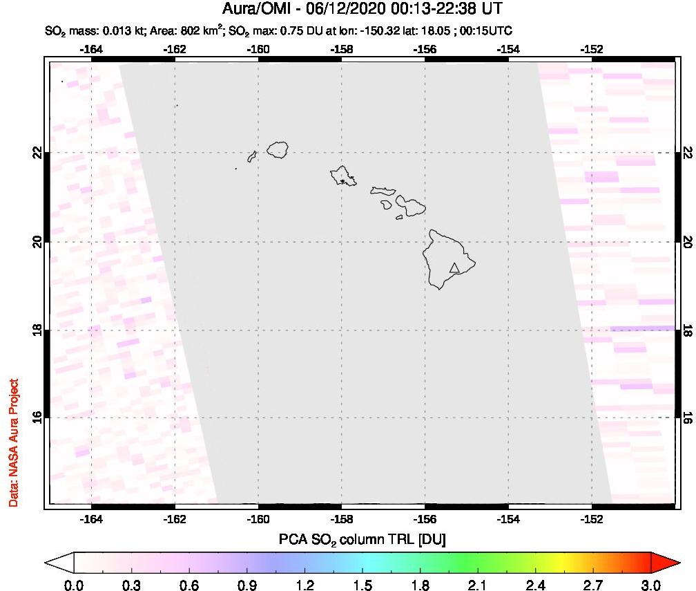 A sulfur dioxide image over Hawaii, USA on Jun 12, 2020.