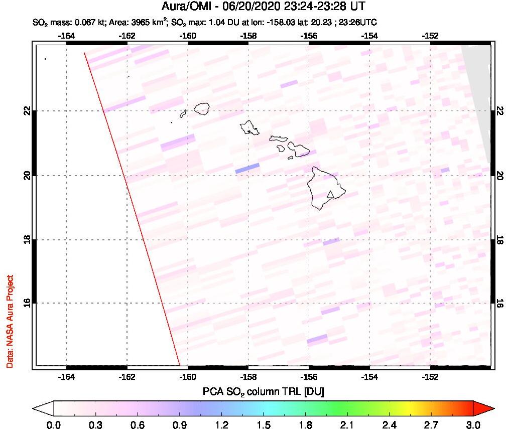 A sulfur dioxide image over Hawaii, USA on Jun 20, 2020.
