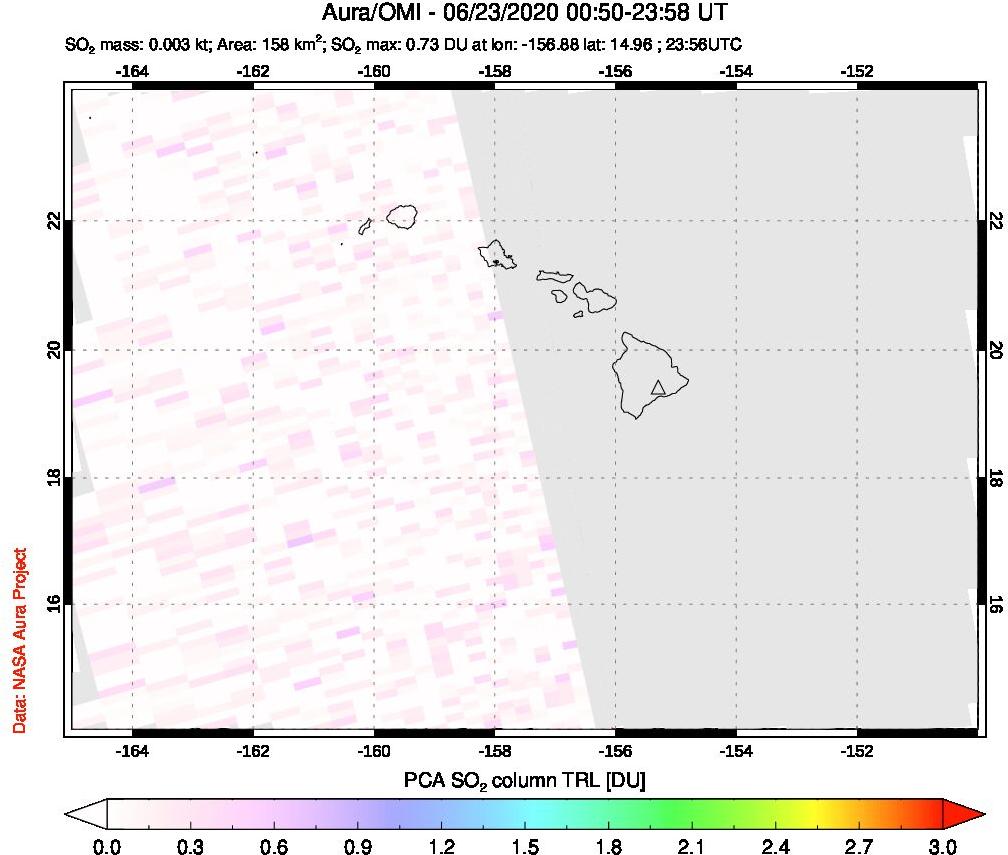 A sulfur dioxide image over Hawaii, USA on Jun 23, 2020.