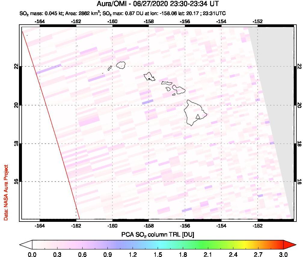 A sulfur dioxide image over Hawaii, USA on Jun 27, 2020.