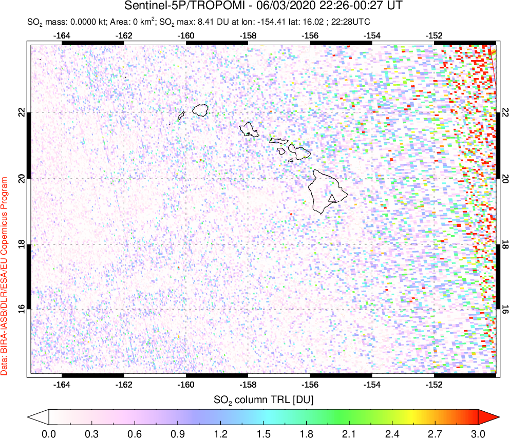 A sulfur dioxide image over Hawaii, USA on Jun 03, 2020.