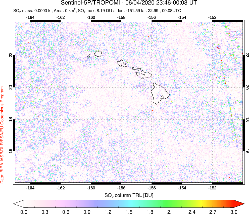 A sulfur dioxide image over Hawaii, USA on Jun 04, 2020.