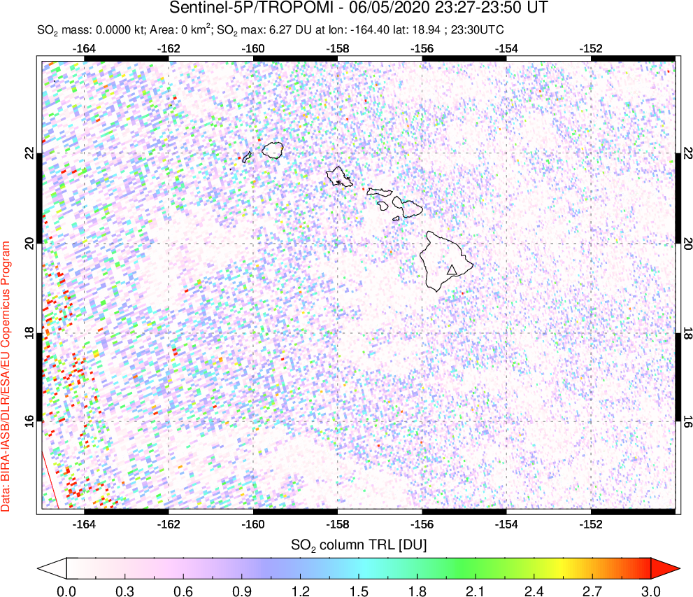 A sulfur dioxide image over Hawaii, USA on Jun 05, 2020.