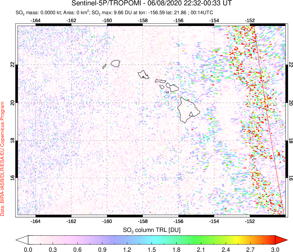 A sulfur dioxide image over Hawaii, USA on Jun 08, 2020.